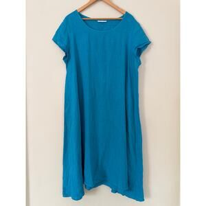 Bryn Walker Linen Midi Dress L Turquoise Short Capped Sleeve Flowy Slip over